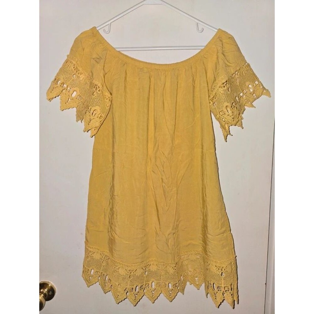 Iris Mustard Yellow Off-The-Shoulder Lace Mini Dress Tunic Top Size S